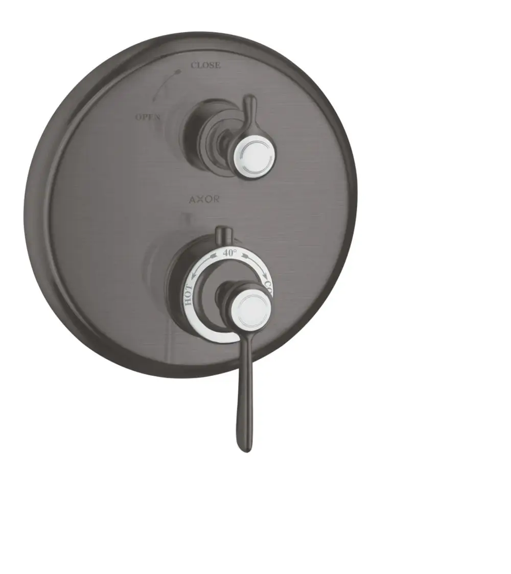 Thermostat mit Hebelgriff und Absperrventil in Brushed Black Chrome, Hersteller AXOR, zwei regulierbare Knöpfe zur Temperatur- und Wasserflusskontrolle.